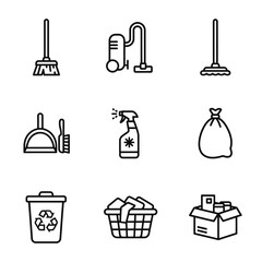 Minimalist cleaning icon set featuring various tools in black outline