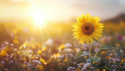 Vibrant sunflower standing tall in wildflower meadow at golden sunset, creating warm atmospheric landscape for nature and wellness themes.