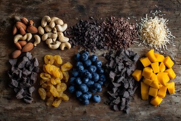 Assorted superfoods and healthy snacks including nuts, dried fruits, chocolate pieces, blueberries, and mango cubes arranged on rustic wooden background.