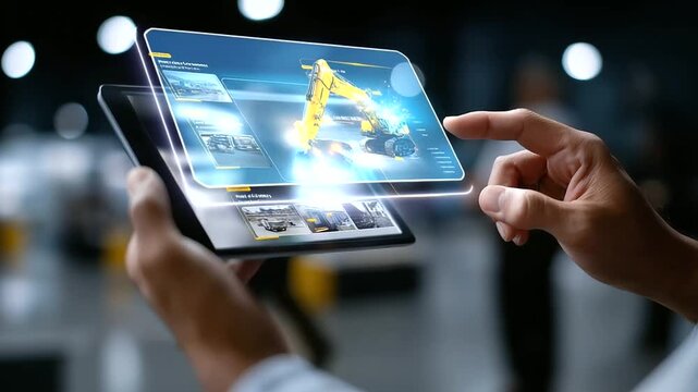 Faceless user browsing digital construction equipment catalog projected in the air, depth-of-field background softly blurred, futuristic retail experience, with copy space