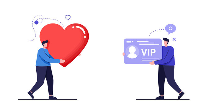 People holding a heart and a VIP card, representing love and membership.