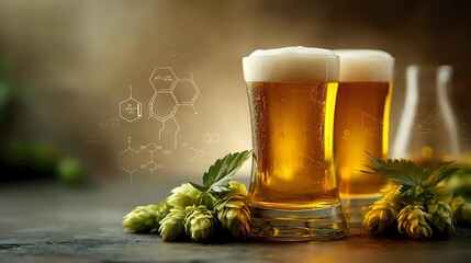 Golden beer glasses with fresh hop cones on rustic surface, molecular structure overlay, amber liquid with frothy head.