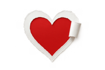 Red heart symbol emerging through torn white paper, revealing love and passion, transparent background