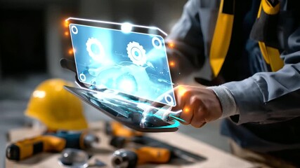 Faceless worker interacting with holographic data projected from a smart device, transparent overlay of construction tools in focus, with copy space. - Powered by Adobe