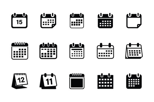 Black calendar icons collection isolated on white background