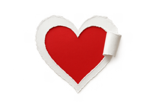 Red heart symbol emerging through torn white paper, revealing love and passion, transparent background