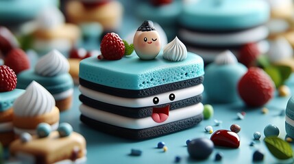 A cute cake topped with a smiling cream character and berries exudes playful charm and sweetness. The image radiates fun, creativity, and dessert delight.
