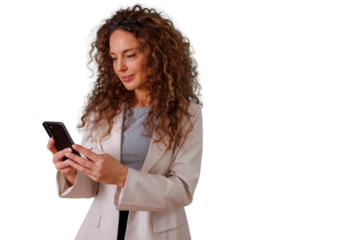 Businesswoman standing, texting on smartphone, communicating, using digital technology, transparent background