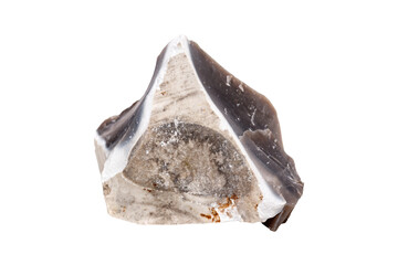 An elegant flint mineral on a white isolated background, showcasing a refined gray surface with...