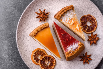 Cheesecake, a slice of sweet pie, a classic cheese dessert. Cheesecake as a food background