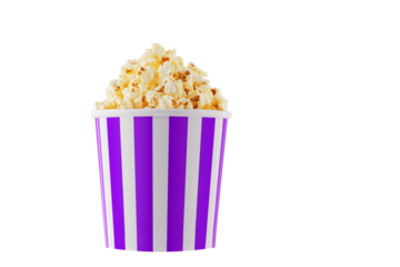 Delicious popcorn, classic box, classic paper cup with Purple, violet stripe, isolated on white background close-up