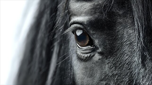 Close-up of black horse eye and mane showing detail and texture, creating dramatic contrast against blurred background for equestrian and animal photography.