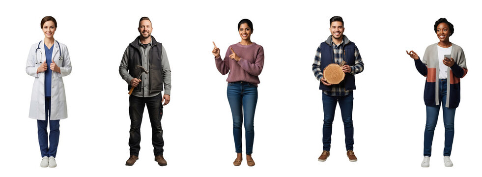 Diverse smiling professionals: medical dosimetrist, stone waller, bioinformatics scientist, dendrochronologist, UX researcher. Fullbody cutouts, isolated on a transparent background,