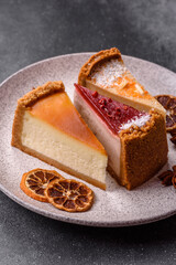 Cheesecake, a slice of sweet pie, a classic cheese dessert. Cheesecake as a food background