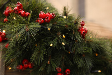 Christmas pine tree with holiday lights.