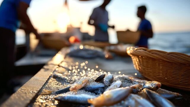 Faceless workers in soft blur sorting fish on deck, focus on shimmering scales catching the dawn light, serene maritime mood, with copy space