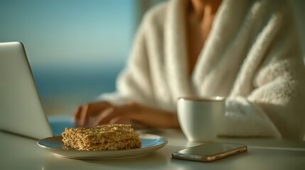 Person in cozy bathrobe working on laptop at seaside with morning coffee and healthy breakfast, creating peaceful remote work atmosphere.