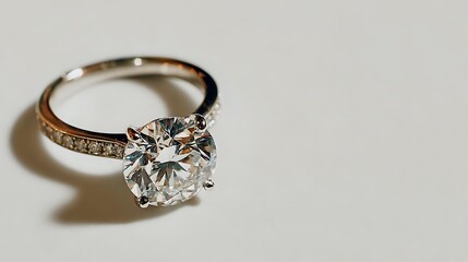 Elegant diamond engagement ring with round brilliant cut stone and pave band on neutral background, showcasing sparkle and luxury jewelry craftsmanship.