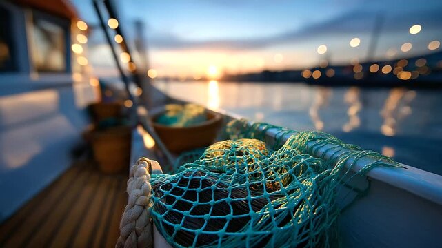 Fishing boat deck at sunrise, nets in crisp detail and faceless silhouettes in soft bokeh behind, unity and early-morning calm, with copy space