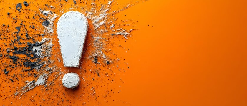 Exclamation mark shape made from white powder or flour on vibrant orange background with scattered particles creating dynamic splash effect.