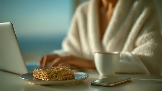 Person in cozy bathrobe working on laptop at seaside with morning coffee and healthy breakfast, creating peaceful remote work atmosphere. - Powered by Adobe