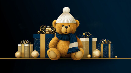 an adorable teddy bear sitting in the center of a festive Christmas scene.