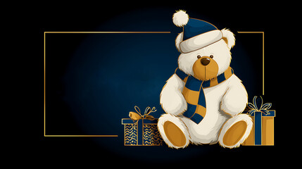 an adorable teddy bear sitting in the center of a festive Christmas scene.