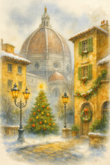Christmas Tree on Snowy Tuscan City Square &mdash; Winter Watercolor Illustration