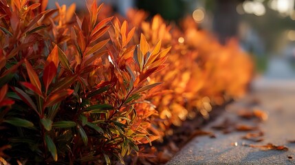 Vibrant orange foliage of ornamental shrubs in garden border at sunset, creating warm autumn atmosphere for landscape design.