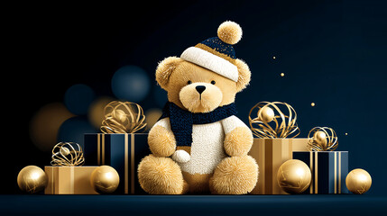 an adorable teddy bear sitting in the center of a festive Christmas scene.