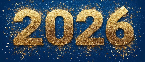 Golden glittery 2026 numbers on deep blue background with scattered gold dust particles for New Year celebration or future concept.