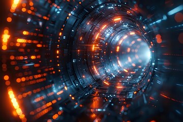 Futuristic digital tunnel with glowing orange and blue light effects creating depth perspective in dark technological environment.