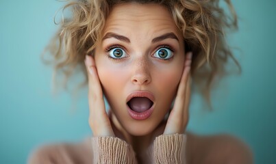 Young woman with curly blonde hair and bright blue eyes expressing extreme shock or surprise against turquoise background.