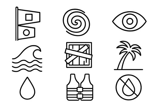 Hurricane Warning Icons. Line style icons of Hurricane Warning: Warning Flag, Spiral Cloud, Eye, Storm Surge, Boarded Window, Palm