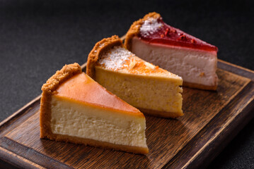 Cheesecake, a slice of sweet pie, a classic cheese dessert. Cheesecake as a food background