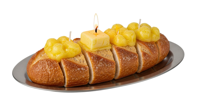Surreal food art featuring a sliced loaf of bread serving as a celebratory cake with butter candles and a single burning flame, presented on a metal platter and isolated on black