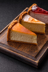 Cheesecake, a slice of sweet pie, a classic cheese dessert. Cheesecake as a food background