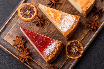 Cheesecake, a slice of sweet pie, a classic cheese dessert. Cheesecake as a food background