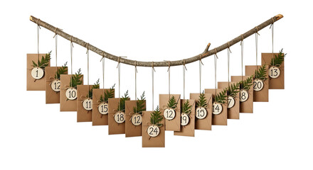 Creative handmade Christmas advent calendar featuring numbered paper envelopes decorated with green sprigs, suspended from a rustic branch for a festive countdown