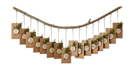 Creative handmade Christmas advent calendar featuring numbered paper envelopes decorated with green sprigs, suspended from a rustic branch for a festive countdown