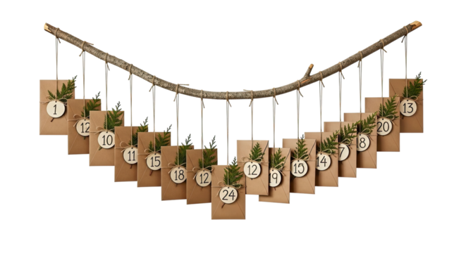 Creative handmade Christmas advent calendar featuring numbered paper envelopes decorated with green sprigs, suspended from a rustic branch for a festive countdown