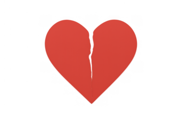 Red broken paper heart symbolizing a breakup, lost love, sadness, and romantic disappointment. Transparent background