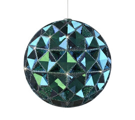 A shimmering blue and green faceted sphere, resembling a crystal ornament with sparkling glitter edges, hangs elegantly against a stark black background