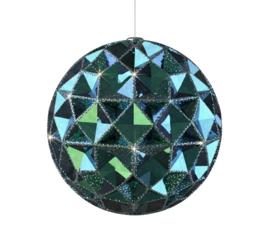 A shimmering blue and green faceted sphere, resembling a crystal ornament with sparkling glitter edges, hangs elegantly against a stark black background