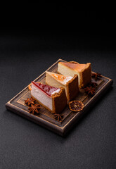 Cheesecake, a slice of sweet pie, a classic cheese dessert. Cheesecake as a food background
