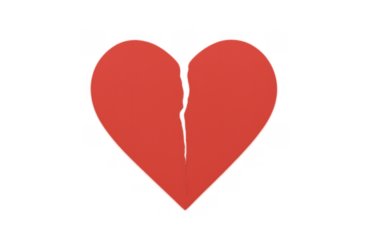 Red broken paper heart symbolizing a breakup, lost love, sadness, and romantic disappointment. Transparent background