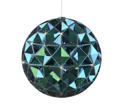 A shimmering blue and green faceted sphere, resembling a crystal ornament with sparkling glitter edges, hangs elegantly against a stark black background