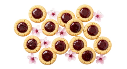 A beautiful flat lay of homemade thumbprint cookies with raspberry jam filling, elegantly decorated with fresh pink spring blossoms on a striking black background
