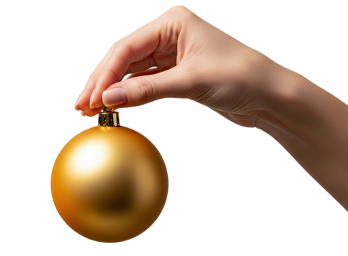 A woman's hand with a natural manicure gently holds a shiny golden Christmas bauble ornament against a plain black background, symbolizing holiday preparation and celebration - Powered by Adobe