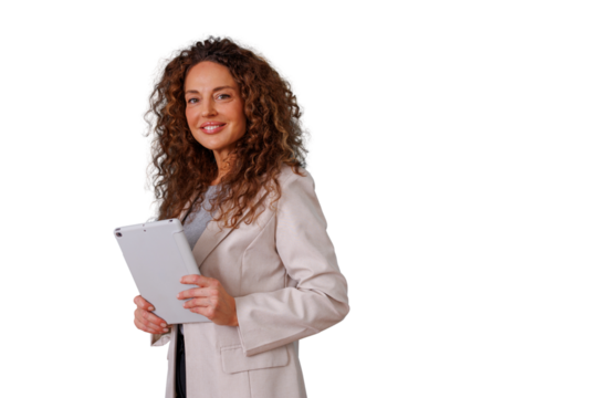 Businesswoman holding digital tablet smiling and looking at camera, representing innovation and technology on transparent background